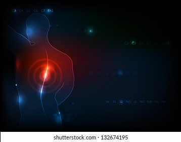 Human backache concept. Deep blue background with red light accent on a human spine.