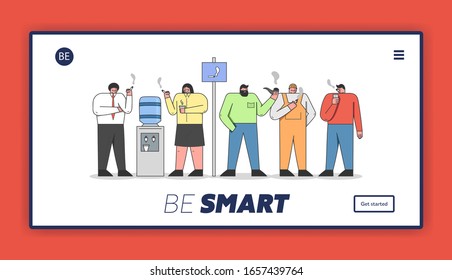 Human Bad Habit And Smoking Addiction Concept. Website Landing Page. People Smoking Cigarettes On Smoke Break near Allowed Sign At Break Time. Cartoon Outline Linear Flat Vector Illustration