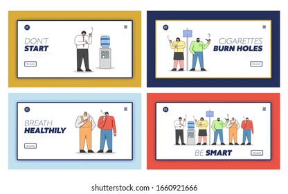 Human Bad Habit And Smoking Addiction Concept. Website Landing Page. People Are Smoking Cigarettes At Designated And Public Areas. Cartoon Outline Linear Flat Vector Illustration