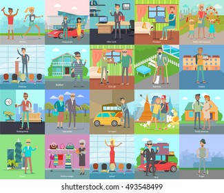 Human banners set. Athletics. Young people. Office work. Freelance. Family entertainment. Politician. Robber. First aid. Homebody. Student. Working break. Aged people. Car repair. Vector illustration