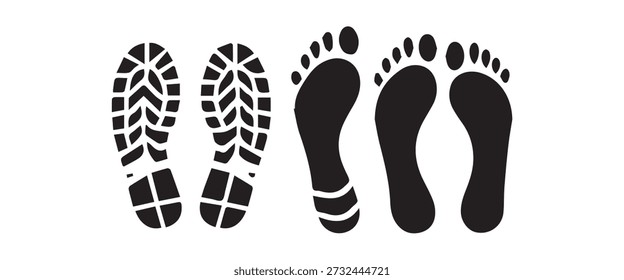 Pés descalços humanos e texturas de sola de bota. Ícones de caminho de pegada. Passos andando, marcas de rastreamento isoladas no branco.