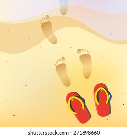 Human bare footprints on the summer sand beach direct to the sea with red pair of flip flops 