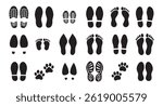 Human bare walk footprints shoes and shoe sole Kids feet vector set. footsteps icon or sign for print, trail Walking footstep and footprint follow route sale. Vector illustration
