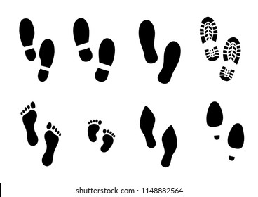 Human bare walk footprints shoes and shoe sole Kids feet and foot steps Fun vector baby footsteps icon or sign for print Kid step for trail Walking footstep and footprint for trekking. Bootprints