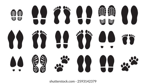 Human bare walk footprints shoes and shoe sole Kids feet vector set. footsteps icon or sign for print, trail Walking footstep and footprint follow route sale. Vector illustration