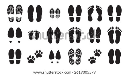 Human bare walk footprints shoes and shoe sole Kids feet vector set. footsteps icon or sign for print, trail Walking footstep and footprint follow route sale. Vector illustration