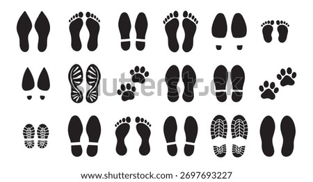 Human bare walk footprints shoes and shoe sole Kids feet vector set. footsteps icon or sign for print, trail Walking footstep and footprint follow route sale. Vector illustration