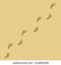 Human barefoot footprint path on yellow sand background. Foot prints diagonal sandy beach or desert trail. Vector illustration, clip art.