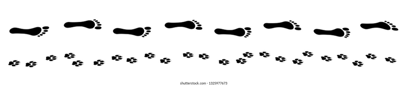 Human barefoot master with his dog. Lets go walkie footprints. Isolated vector illustration on white background.
