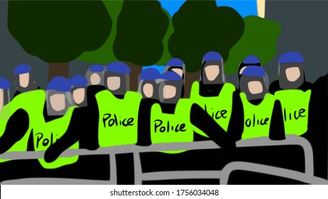 human barrier made by police, riot police, protest barrier, police force, neon police uniform, vector illustration