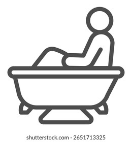 Human in bathtub line icon, spa salon concept. Vector graphics. Bathroom with towel and mat, bath time sign on white background, outline style icon for mobile or web design