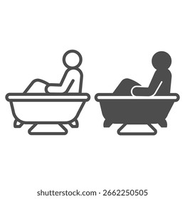 Human in bathtub line and solid icon, spa salon concept. Vector graphics. Bathroom with towel and mat, bath time sign on white background, outline style icon for mobile or web design