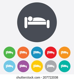 Human in bed sign icon. Travel rest place. Sleeper symbol. Round colourful 11 buttons. Vector
