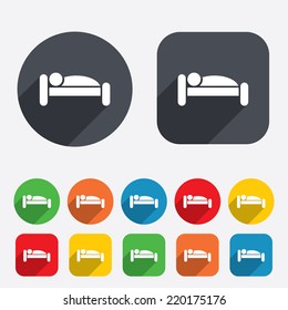 Human In Bed Sign Icon. Travel Rest Place. Sleeper Symbol. Circles And Rounded Squares 12 Buttons. Vector