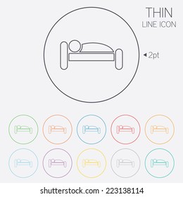 Human in bed sign icon. Travel rest place. Sleeper symbol. Thin line circle web icons with outline. Vector