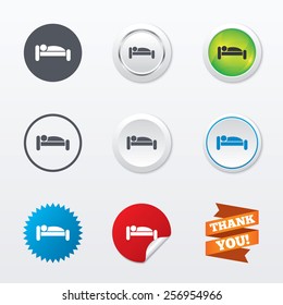 Human in bed sign icon. Travel rest place. Sleeper symbol. Circle concept buttons. Metal edging. Star and label sticker. Vector