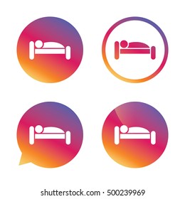 Human in bed sign icon. Travel rest place. Sleeper symbol. Gradient buttons with flat icon. Speech bubble sign. Vector