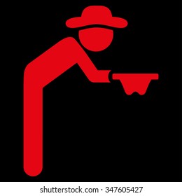 Human Beggar vector icon. Style is flat symbol, red color, rounded angles, black background.