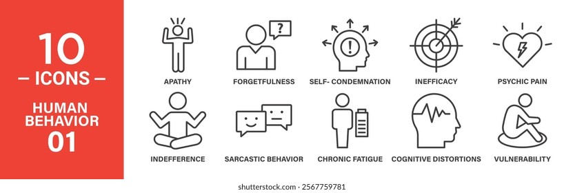 Human Behavior Icon Set: 10 Editable Vector Icons Depicting Apathy, Cognitive Distortions, and Vulnerability.