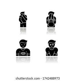 Menschliches Verhalten lässt Schatten schwarze Glyphe Icons setzen. Das Gefühl der Scham. Mann mit Selbstschuld. Soziale Schuldgefühle. Symptom psychischen Missbrauchs. Isolierte Vektorgrafiken auf weißem Raum