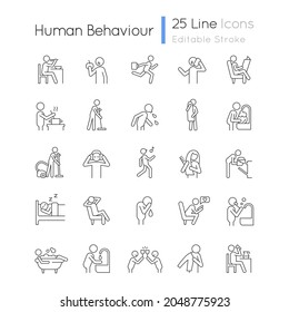 Human behaviour linear icons set. Activities of daily living. Commonplace household duties. Customizable thin line contour symbols. Isolated vector outline illustrations. Editable stroke
