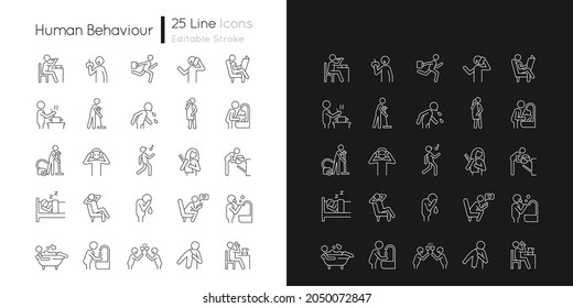 Human behaviour linear icons set for dark and light mode. Activities of daily living. Day-to-day routine. Customizable thin line symbols. Isolated vector outline illustrations. Editable stroke