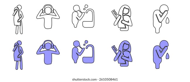 Human behaviour linear icons set. Activities of daily living.