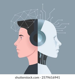Human being and AI robot merging together, future and technology innovation concept, Human brain and AI Chip concept, Concept of artificial intelligence, 