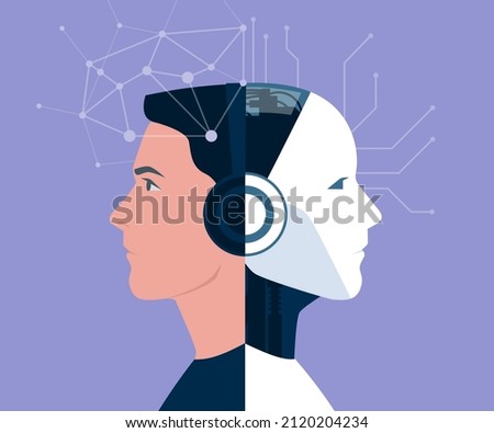Human being and AI robot merging together, future and technology innovation concept