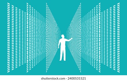 A human being search between stock rows of sorted data. Library card catalogue. Chaos and order. Big data analysis. 