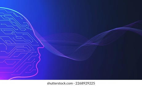 Human big data visualization and artificial intelligence concept with flow waves background. Women face outline with electronic circuit board background. Vector illustration.