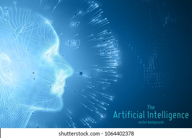 Human Big data visualization. Futuristic Artificial intelligence concept. Cyber mind aesthetic design. Machine learning. Complex data threads in form of head side view and binary data.