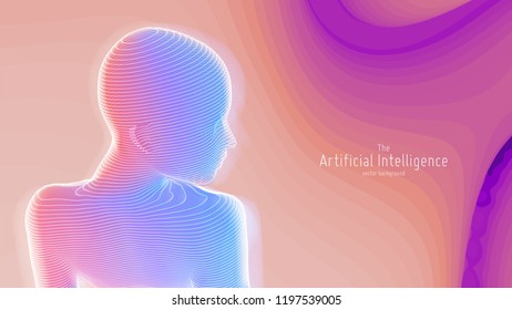 Human Big data visualization. Futuristic Artificial intelligence concept. Cyber mind aesthetic design. Machine learning. Complex data threads in form of holograpic figure and binary data