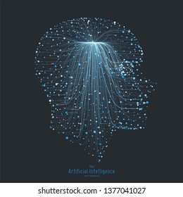 Human Big data visualization. Futuristic Artificial intelligence concept. Cyber mind aesthetic design. Machine learning. Complex data threads in form of head side view and binary data