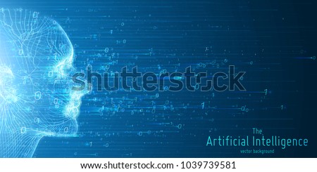 Human Big data visualization. Futuristic Artificial intelligence concept. Cyber mind aesthetic design. Machine learning. Complex data threads in form of head side view and binary data.