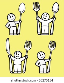 human with big spoon fork and knife