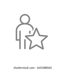 Humano con gran estrella, el usuario revisa el icono de la línea. Caridad, calificación, ganancia, símbolo de retroalimentación