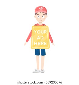Human billboard icon in cartoon style isolated on white background. Advertising symbol stock vector illustration.