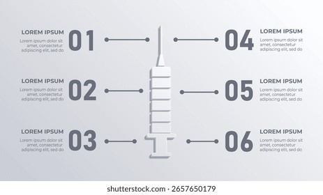 Human Biology Flowchart Featuring White Injection Devices and Clinical Healthcare Timeline, 3D 6 Step Medical Infographic