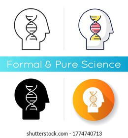 Human biology icon. Modern science, natural field of study. Genetics, biotechnology, gene engineering. Linear black and RGB color styles. Head with DNA helix isolated vector illustrations