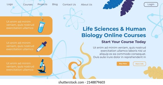 Human biology and life sciences online courses and lessons, distance education and learning. Start studying today, chemistry and experiments. Website online landing page template, vector in flat style