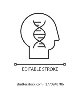 Human Biology Pixel Perfect Linear Icon. Modern Field Of Study. Genetics Thin Line Customizable Illustration. Contour Symbol. Head With DNA Helix Vector Isolated Outline Drawing. Editable Stroke