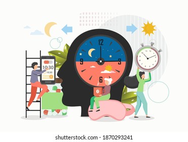 Human Biorhythms. Day And Night Activity, Flat Vector Illustration. Biorhythms Theory, Rhythmic Biological Cycles. Lark, Pigeon, Owl Human Chronotypes.