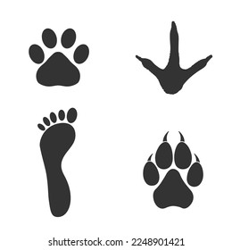 Human and birds and mammals - footprints silhouettes set isolated on white background, such as idea of logo in gray. Stock vector. EPS10.