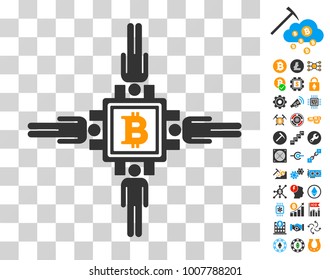 Human Bitcoin Pool icon with bonus bitcoin mining and blockchain icons. Vector illustration style is flat iconic symbols. Designed for blockchain software.