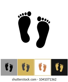 Human black silhouette foot print icon, footprints symbol isolated on gold, black and white backgrounds vector illustration