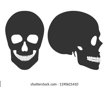 Human black skull in profile and full face isolated on white background. Vector illustration