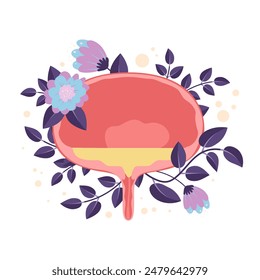 Vejiga humana con flores y hojas azules, órgano interno del tracto urinario. Vaciar la vejiga con orina y decoraciones de plantas y hierbas, Ilustración vectorial de dibujos animados de la carta anatómica del sistema renal