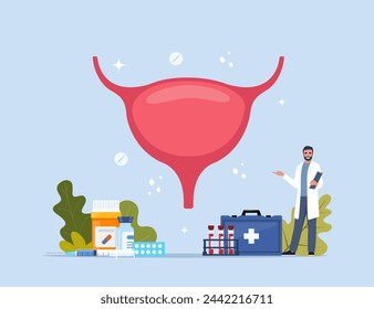 Human bladder. Inner organs disease treatment. Modern design concept with tiny doctor character, medical drugs, equipment, analysis. Vector Illustration