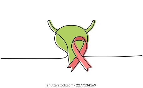 Vejiga humana con cinta de una línea de dibujo continuo de color. Cinta de sensibilización contra el cáncer, cinta adhesiva continua de una línea de colorida ilustración.